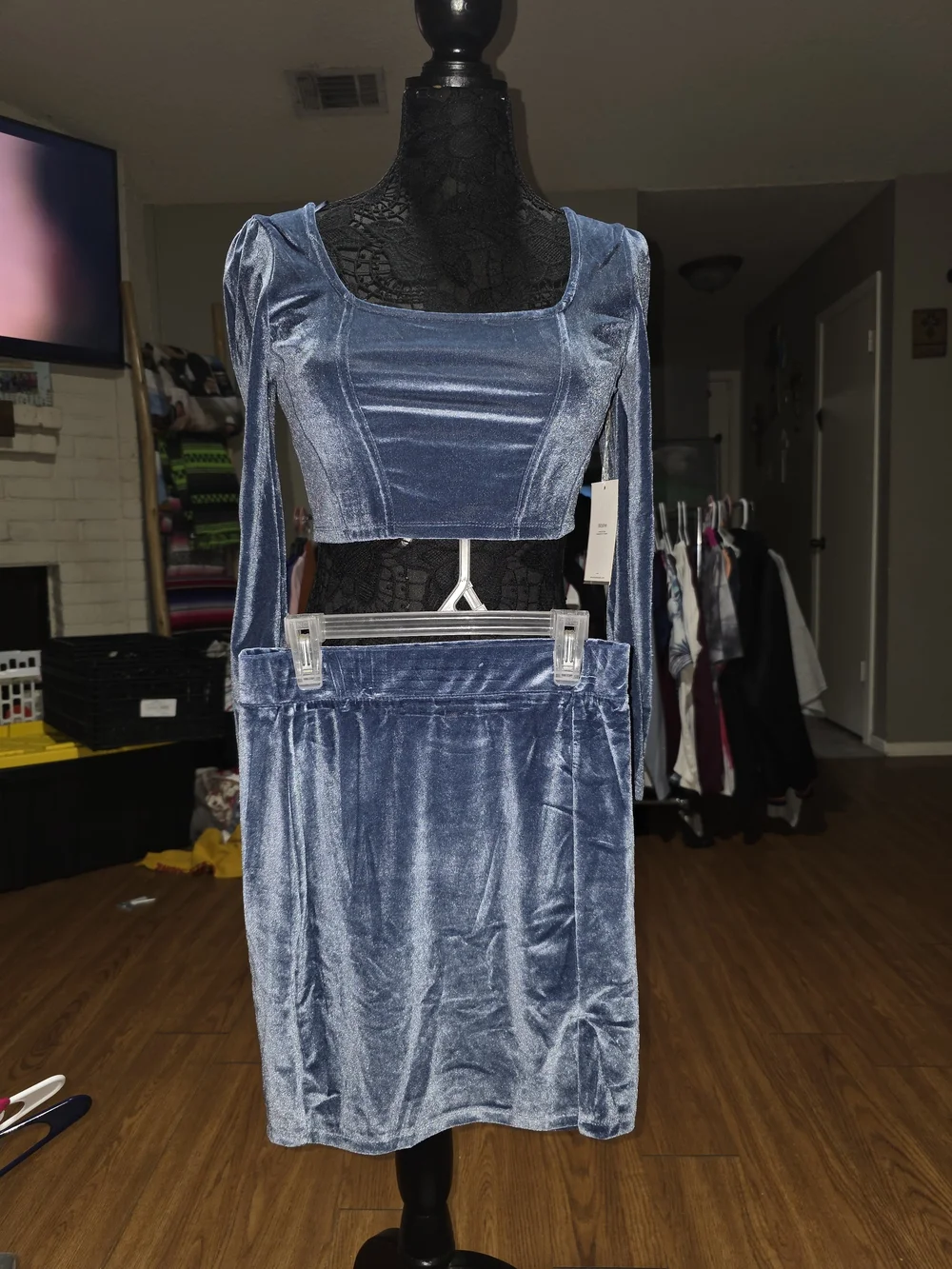 Velvet Dusty Blue Pencil Skirt - Matching Set Included